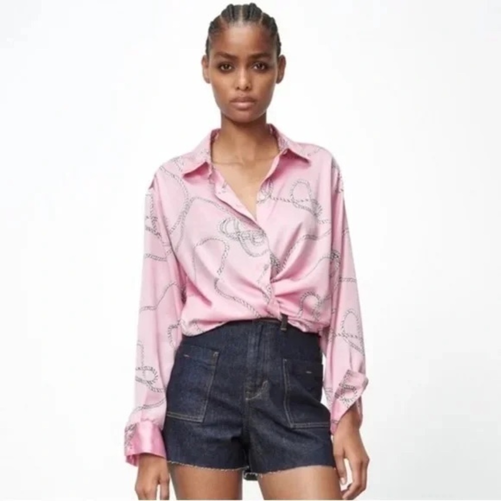 Zara Pink Rope Pattern Satin Shirt - Picture 8 of 11
